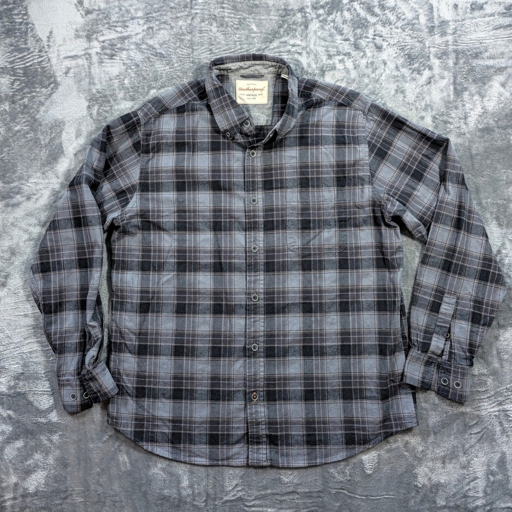 Weatherproof Vintage Mens XL Grey Black Plaid Flannel Button Down Shirt Cotton